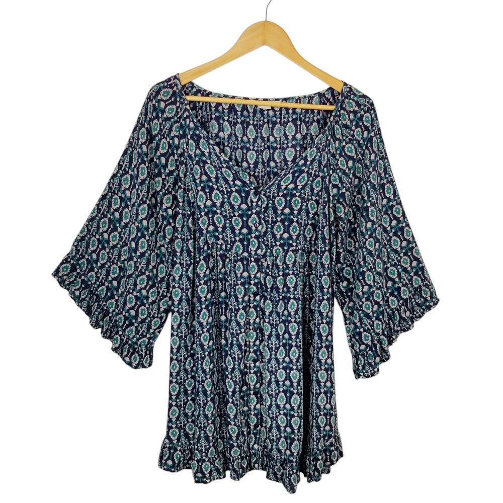 Roxy Blackbird Boho Floral Blue Mini Tunic Dress Wide Sleeve Size Large